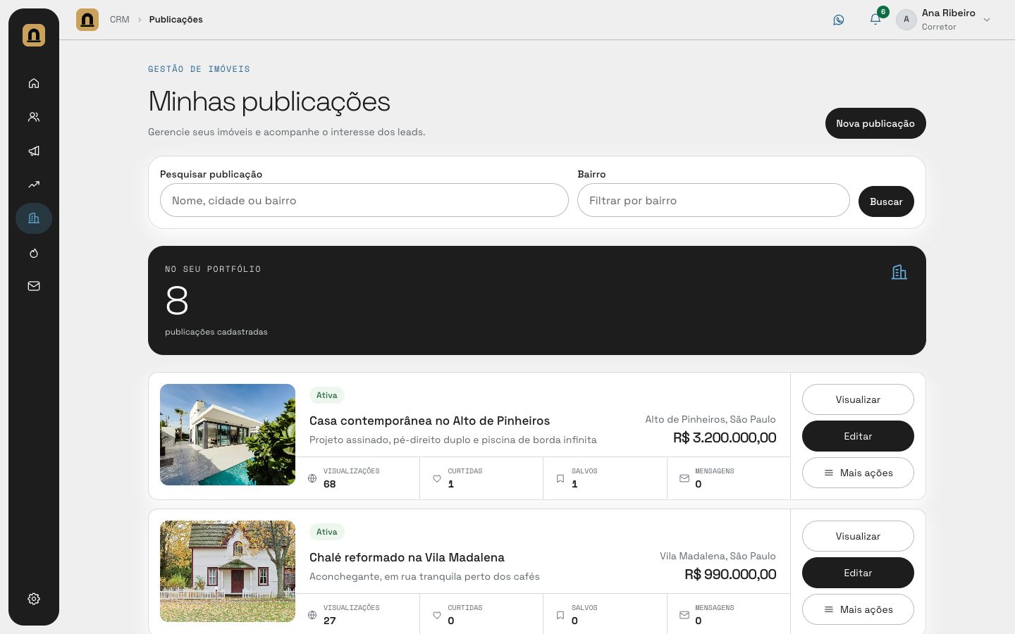 Minhas publicações com visualizações, curtidas, salvos e mensagens