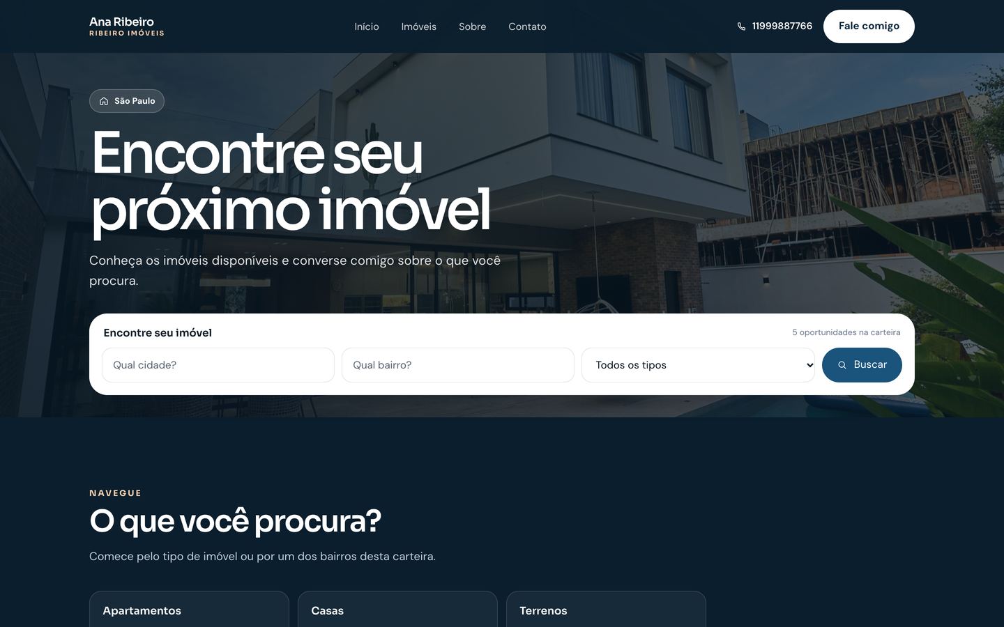 Site da corretora no modelo Vitrine