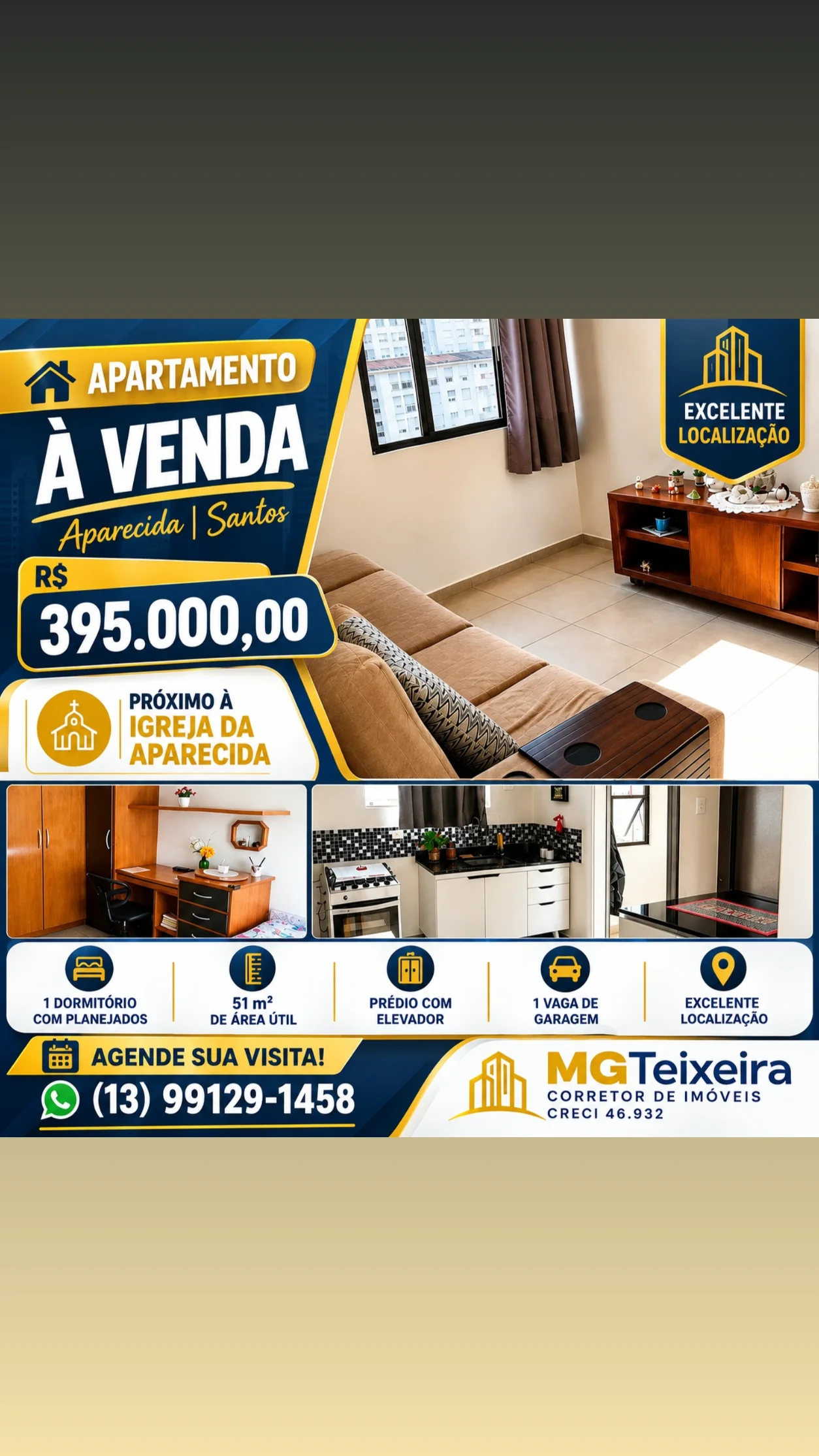 Apartamento 1 dormitório bairro da Aparecida  em Santos