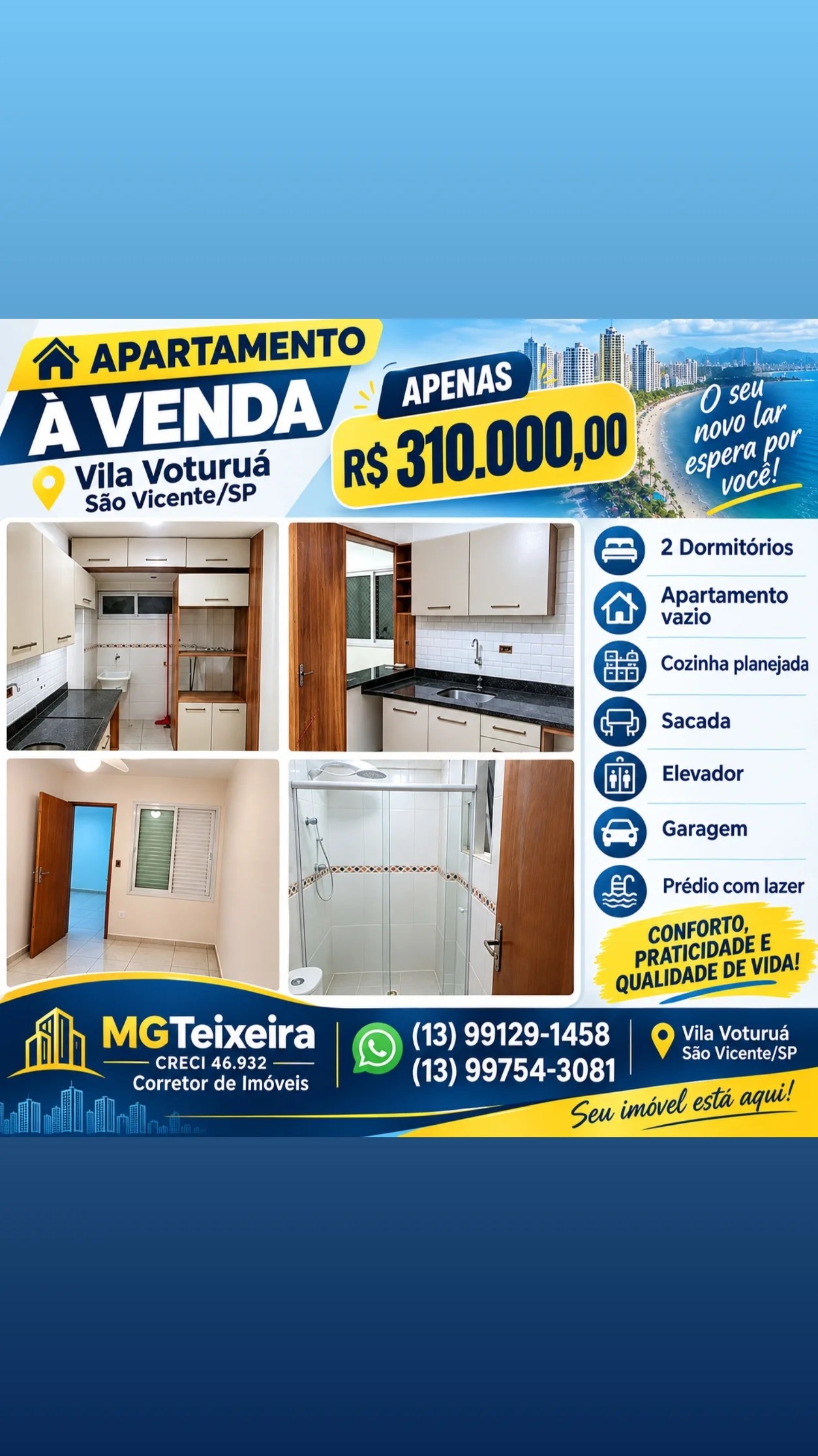 Apartamento 2 dormitórios ,armários elevador ,lazer em São Vicente